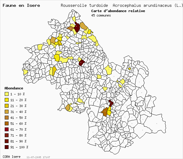 Carte Abondance: Rousserolle turdode Acrocephalus arundinaceus (L.) en Isre