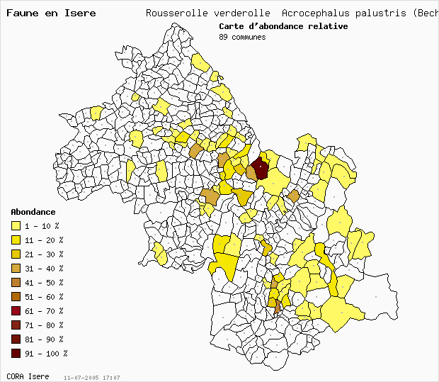 Carte Abondance: Rousserolle verderolle Acrocephalus palustris (Bechst.) en Isre
