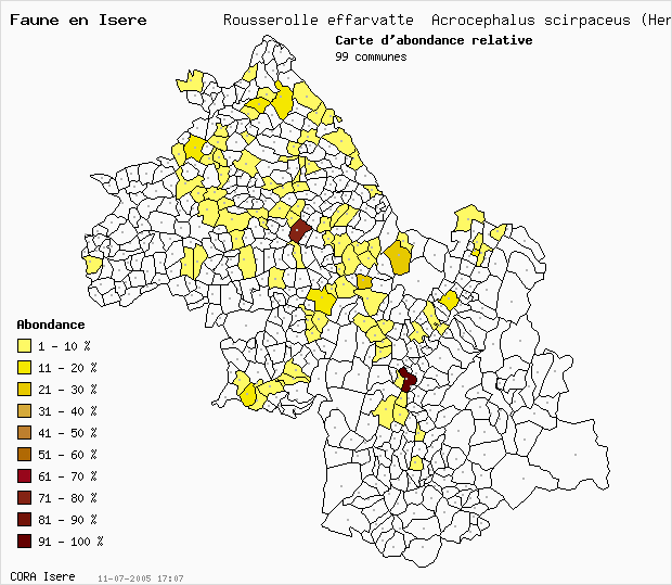Carte Abondance: Rousserolle effarvatte Acrocephalus scirpaceus (Hermann) en Isre