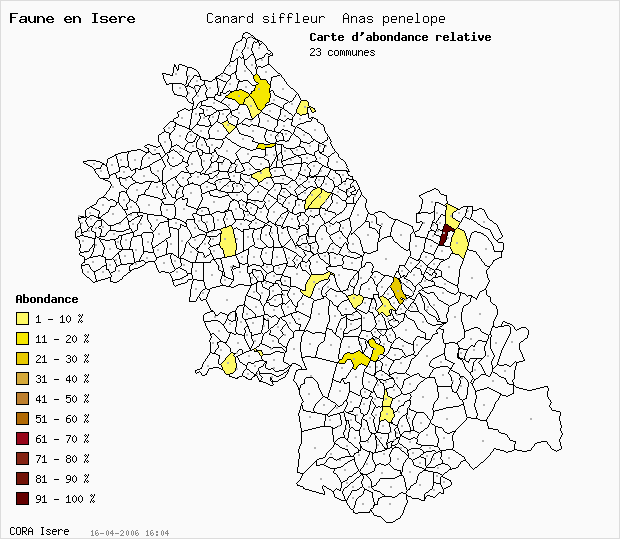 Carte Abondance: Canard siffleur Anas penelope en Isre