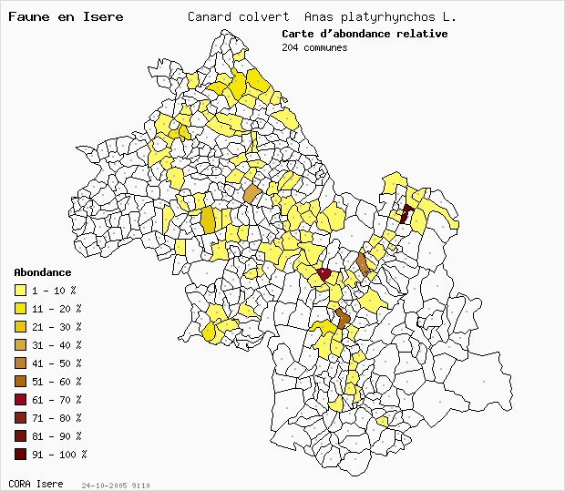 Carte Abondance: Canard colvert Anas platyrhynchos L. en Isre