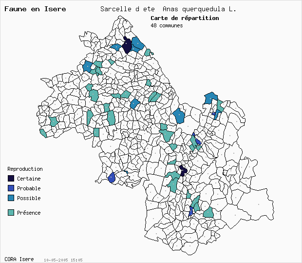 Carte Nidification: Sarcelle d t Anas querquedula L. en Isre