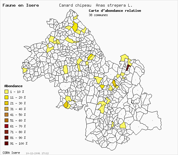 Carte Abondance: Canard chipeau Anas strepera L. en Isre