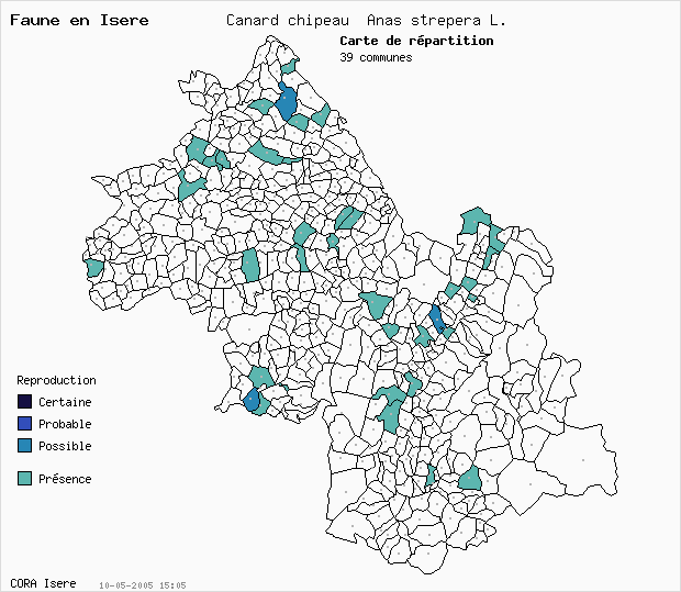 Carte Nidification: Canard chipeau Anas strepera L. en Isre