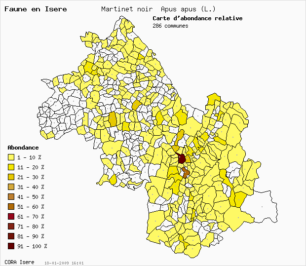 Carte Abondance: Martinet noir Apus apus (L.) en Isre