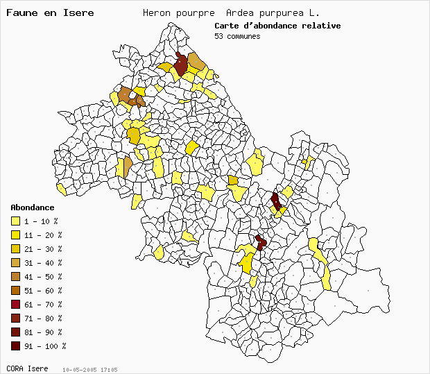Carte Abondance: Hron pourpr Ardea purpurea L. en Isre