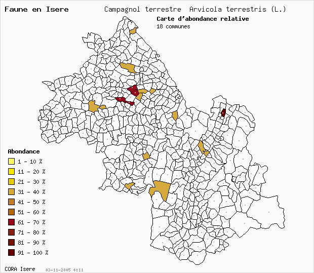 Carte Abondance: Campagnol terrestre Arvicola terrestris (L.) en Isre