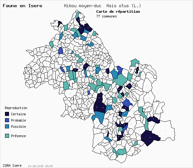 Carte Nidification: Hibou moyen-duc Asio otus (L.) en Isre