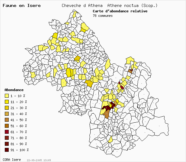Carte Abondance: Chevche d Athna Athene noctua (Scop.) en Isre