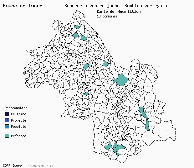 Carte Nidification: Sonneur  ventre jaune Bombina variegata en Isre