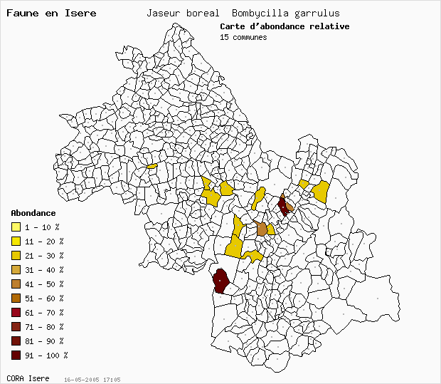 Carte Abondance: Jaseur boral Bombycilla garrulus en Isre