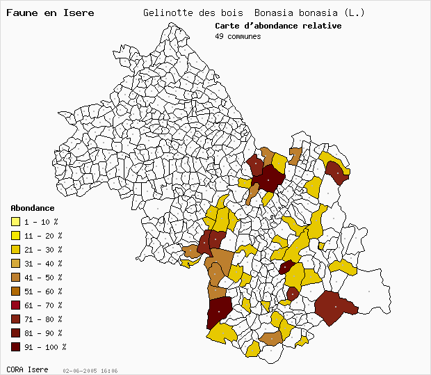 Carte Abondance: Glinotte des bois Bonasia bonasia (L.) en Isre