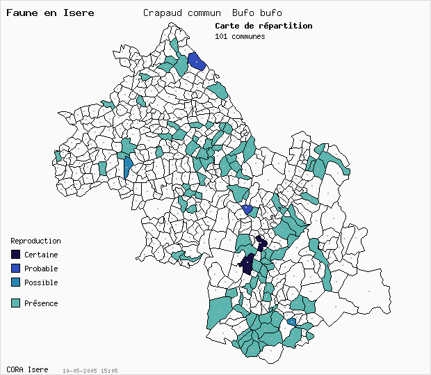 Carte Nidification: Crapaud commun Bufo bufo en Is�re