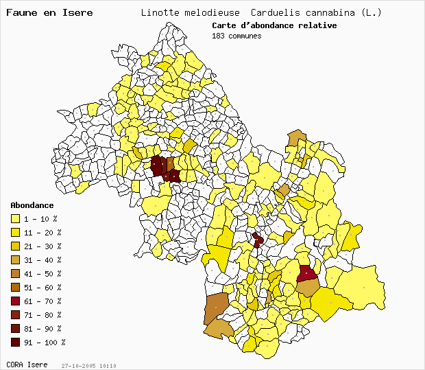 Carte Abondance: Linotte mlodieuse Carduelis cannabina (L.) en Isre