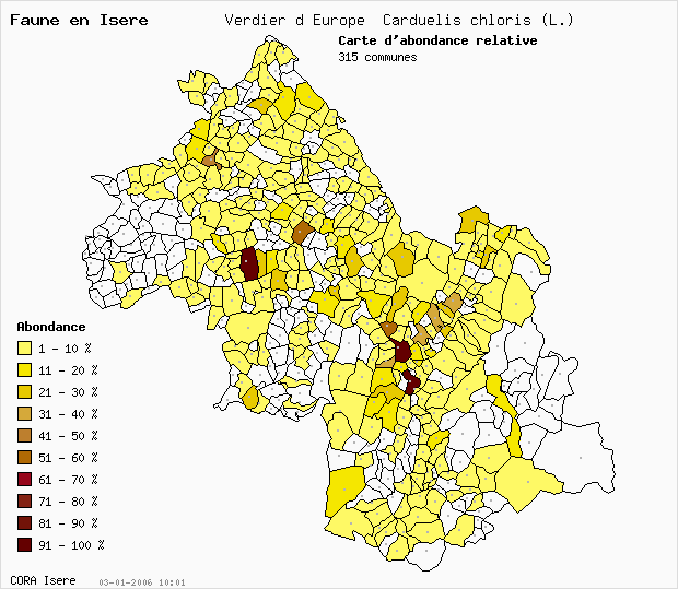 Carte Abondance: Verdier d Europe Carduelis chloris (L.) en Isre