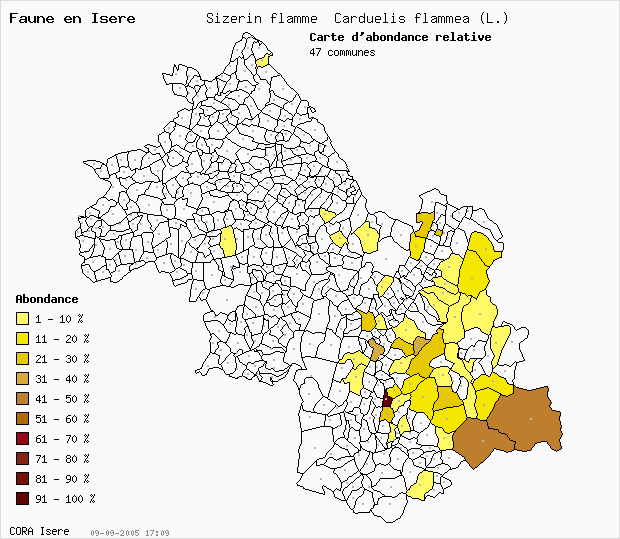 Carte Abondance: Sizerin flamm Carduelis flammea (L.) en Isre