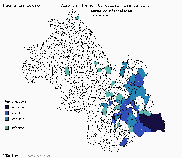 Carte Nidification: Sizerin flamm Carduelis flammea (L.) en Isre