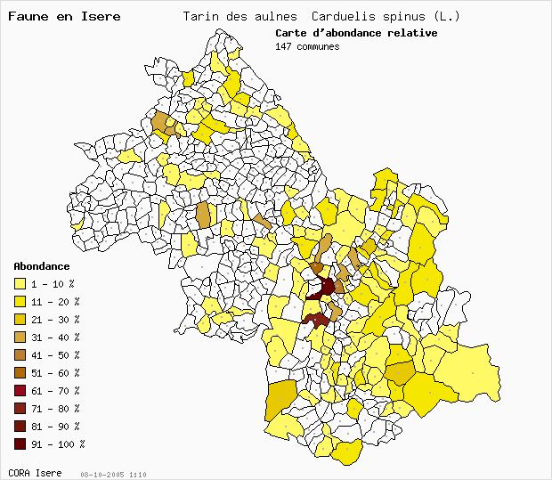 Carte Abondance: Tarin des aulnes Carduelis spinus (L.) en Isre