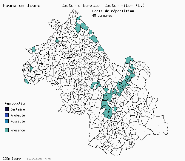Carte Nidification: Castor d Eurasie Castor fiber (L.) en Isre