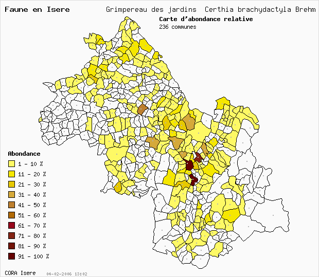 Carte Abondance: Grimpereau des jardins Certhia brachydactyla Brehm en Isre
