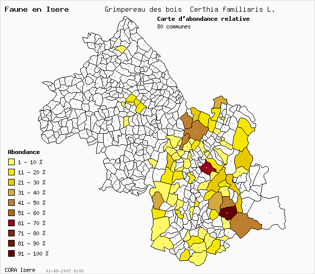 Carte Abondance: Grimpereau des bois Certhia familiaris L. en Isre