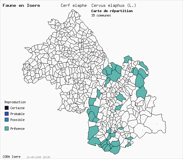 Carte Nidification: Cerf laphe Cervus elaphus (L.) en Isre