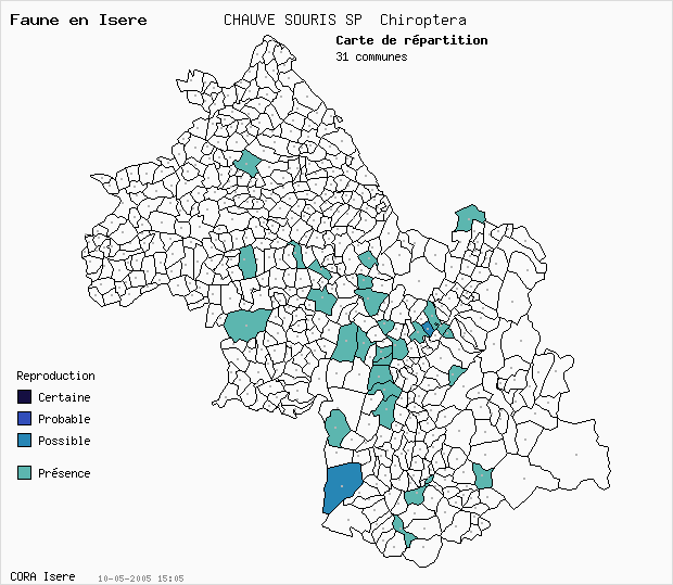 Carte Nidification: CHAUVE SOURIS SP Chiroptera en Isre