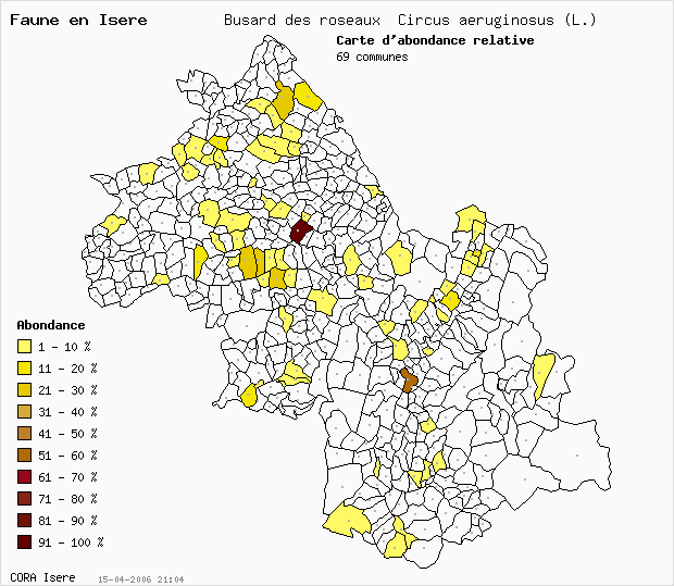Carte Abondance: Busard des roseaux Circus aeruginosus (L.) en Isre