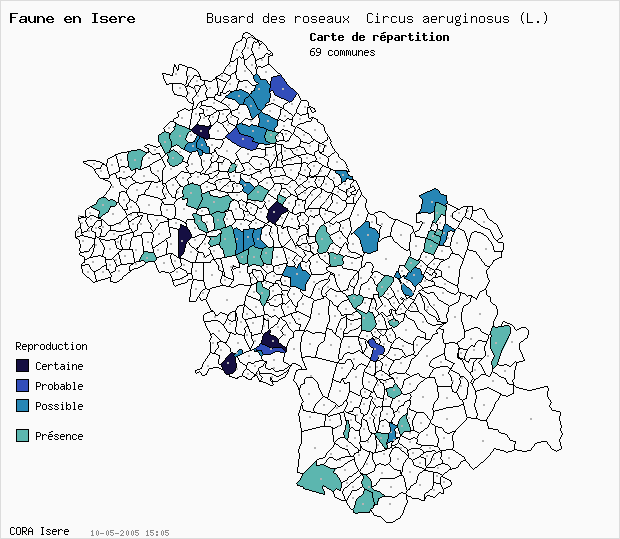 Carte Nidification: Busard des roseaux Circus aeruginosus (L.) en Isre