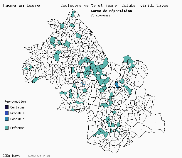 Carte Nidification: Couleuvre verte et jaune Coluber viridiflavus en Isre