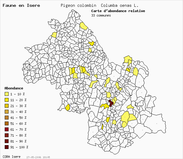 Carte Abondance: Pigeon colombin Columba oenas L. en Isre
