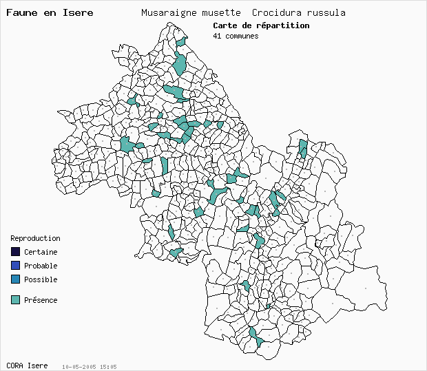 Carte Nidification: Musaraigne musette Crocidura russula en Isre