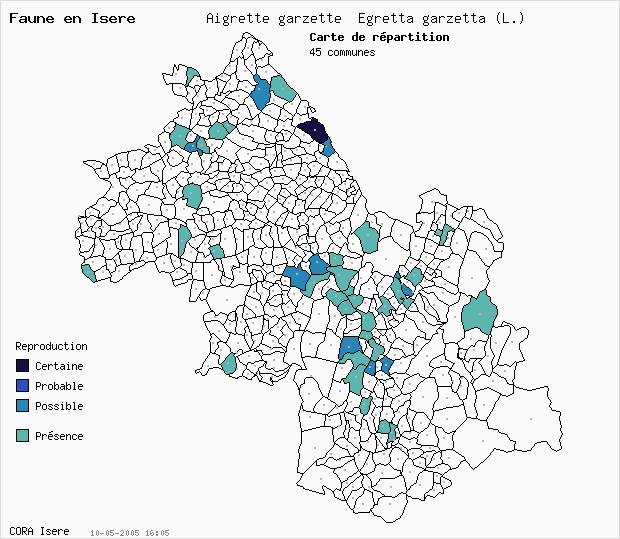 Carte Nidification: Aigrette garzette Egretta garzetta (L.) en Isre