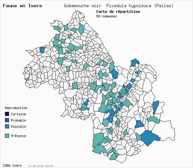 Carte Nidification: Gobemouche noir Ficedula hypoleuca (Pallas) en Isre