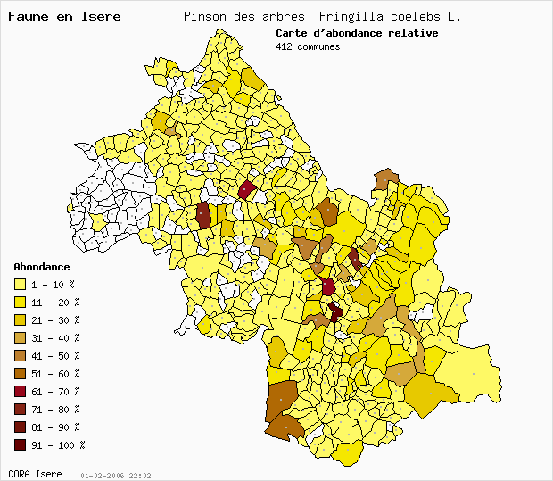 Carte Abondance: Pinson des arbres Fringilla coelebs L. en Isre
