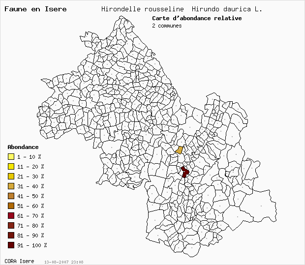 Carte Abondance: Hirondelle rousseline Hirundo daurica L. en Isre