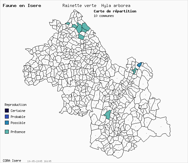 Carte Nidification: Rainette verte Hyla arborea en Isre
