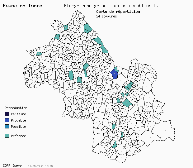 Carte Nidification: Pie-griche grise Lanius excubitor L. en Isre