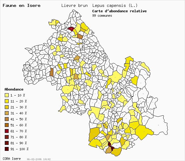 Carte Abondance: Livre brun Lepus capensis (L.) en Isre