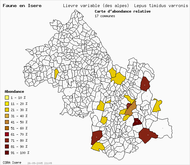 Carte Abondance: Livre variable (des alpes) Lepus timidus varronis en Isre