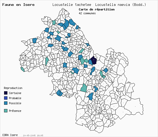 Carte Nidification: Locustelle tachete Locustella naevia (Bodd.) en Isre