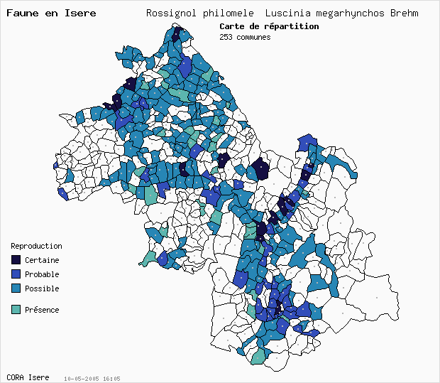 Carte Nidification: Rossignol philomle Luscinia megarhynchos Brehm en Isre