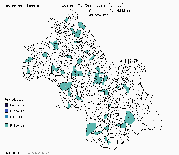 Carte Nidification: Fouine Martes foina (Erxl.) en Isre