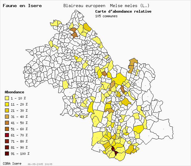 Carte Abondance: Blaireau europen Melse meles (L.) en Isre