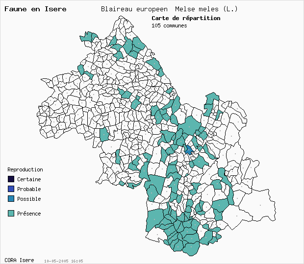 Carte Nidification: Blaireau europen Melse meles (L.) en Isre