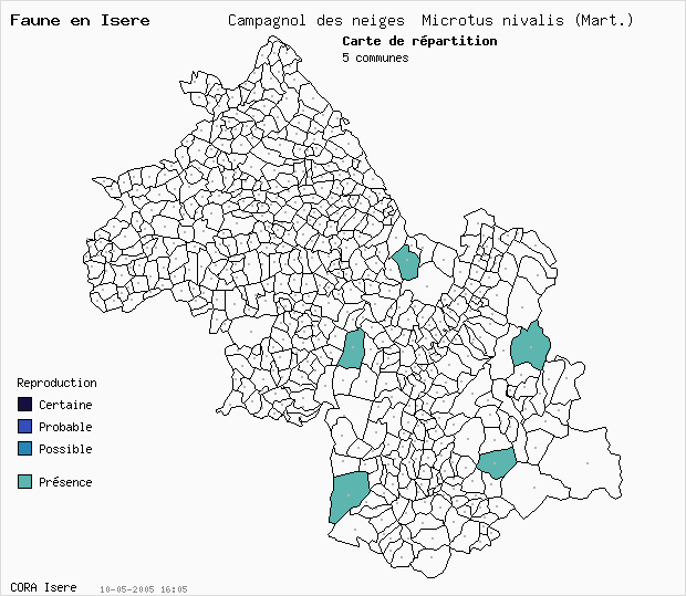 Carte Nidification: Campagnol des neiges Microtus nivalis (Mart.) en Isre