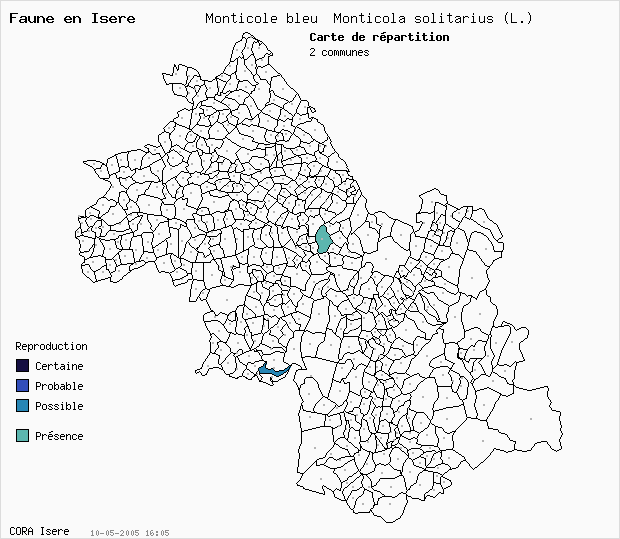 Carte Nidification: Monticole bleu Monticola solitarius (L.) en Isre