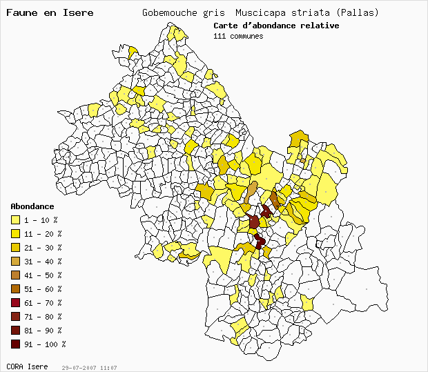 Carte Abondance: Gobemouche gris Muscicapa striata (Pallas) en Isre
