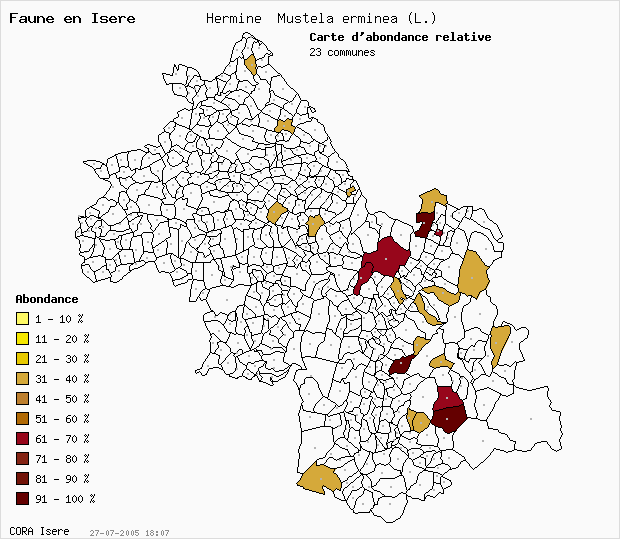 Carte Abondance: Hermine Mustela erminea (L.) en Isre
