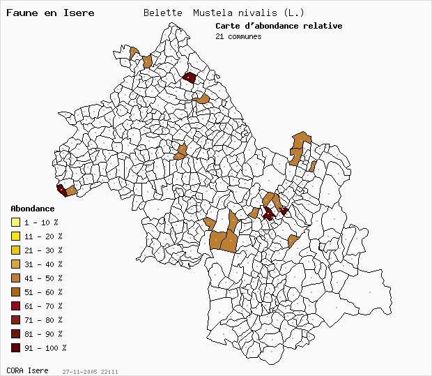 Carte Abondance: Belette Mustela nivalis (L.) en Isre